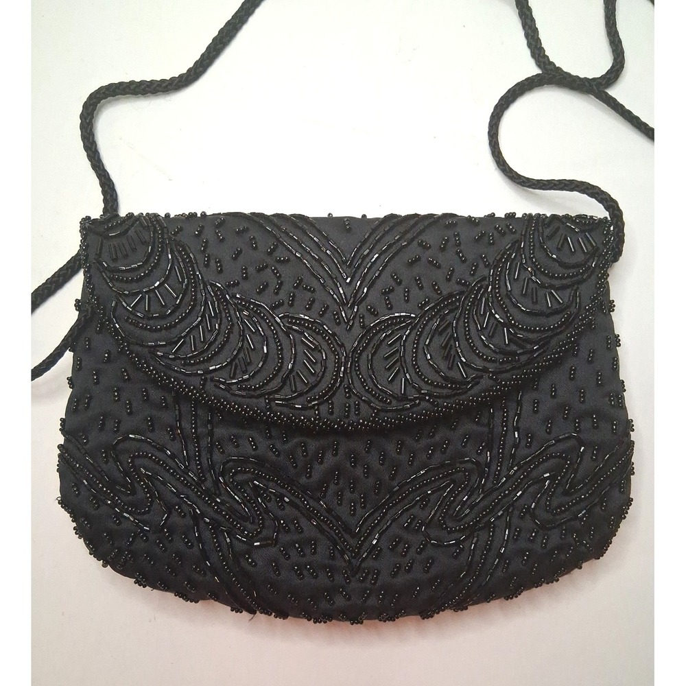 Carla Marchi Black Beaded Shoulder Evening Bag 9"x 6" Magnetic Closure Read